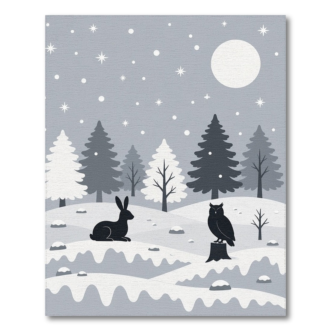 Black White Winter Owl Rabbit Area Rug