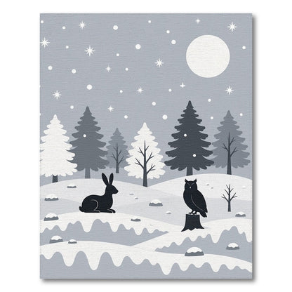 Black White Winter Owl Rabbit Area Rug
