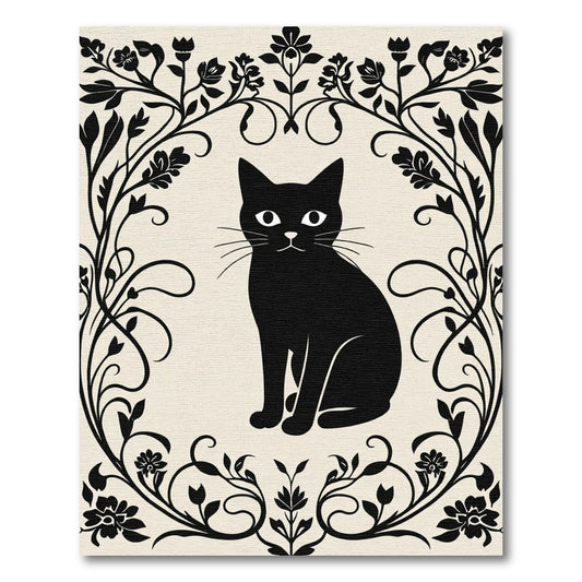 Black Cat Floral Frame Rug