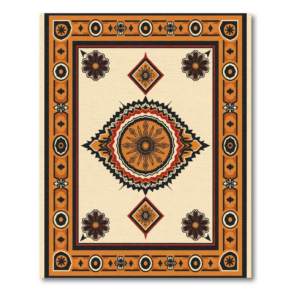 Bold Sunburst Medallion Orange Border Rug