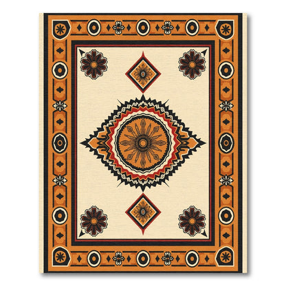 Bold Sunburst Medallion Orange Border Rug