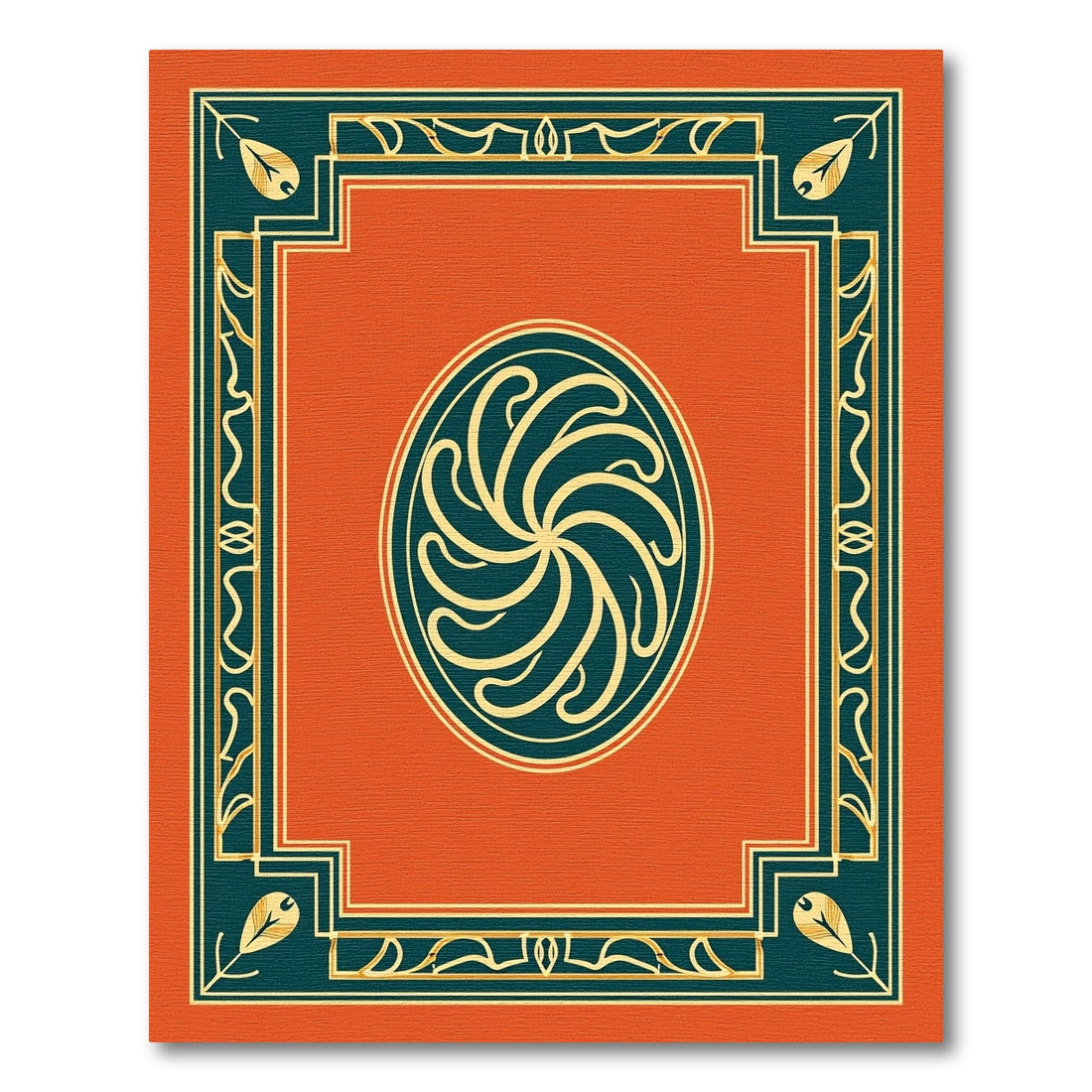 Orange Teal Swirling Feathered Frame Rug