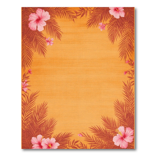 Coastal Beach Orange Hibiscus Palm Border Area Rug