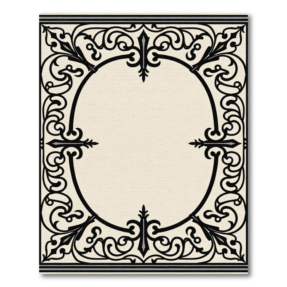 Ornate Black Oval Floral Border Rug