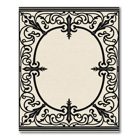 Ornate Black Oval Floral Border Rug
