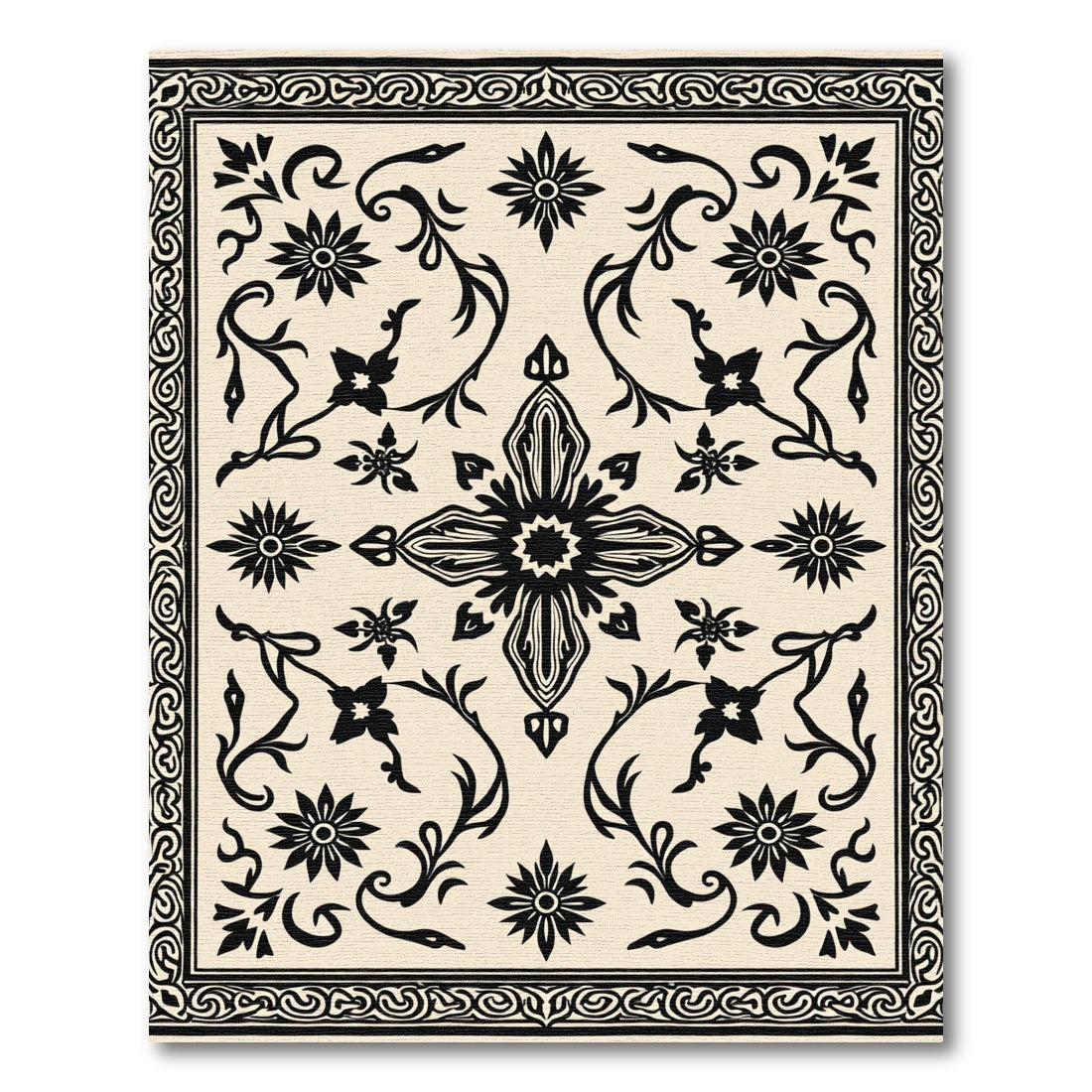 Black Floral Medallion Cream Border Rug
