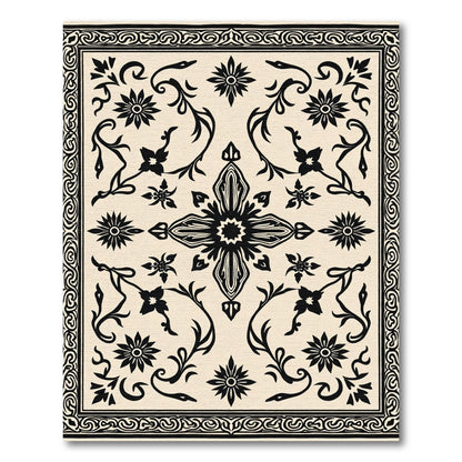 Black Floral Medallion Cream Border Rug