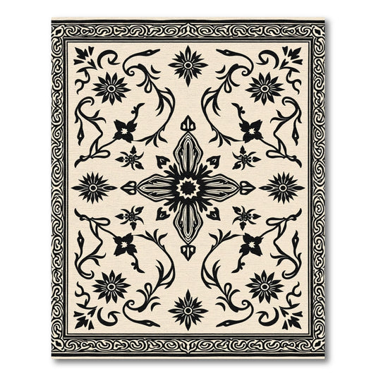 Black Floral Medallion Cream Border Rug