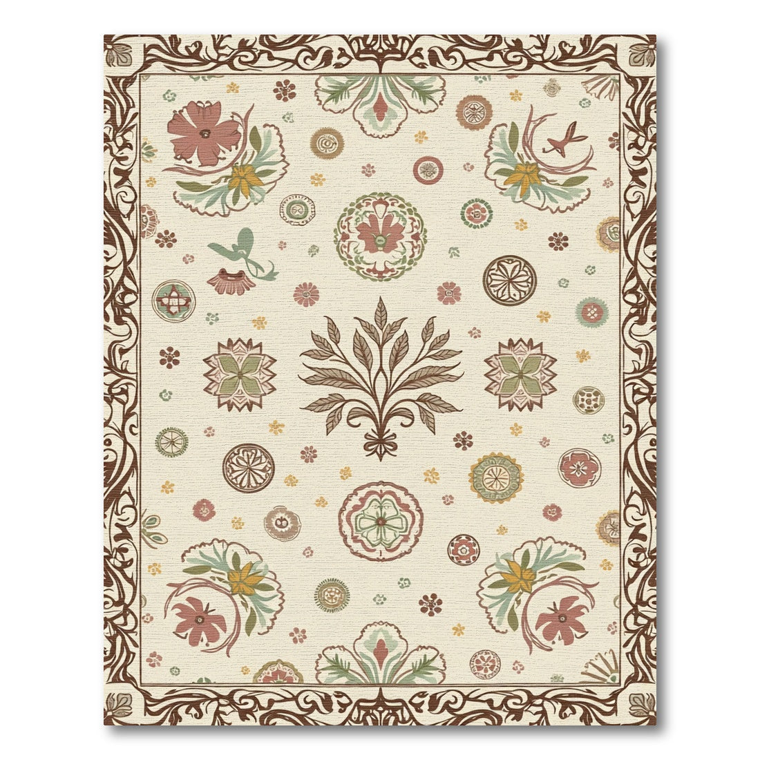 Earthy Floral Medallion Scroll Border Rug