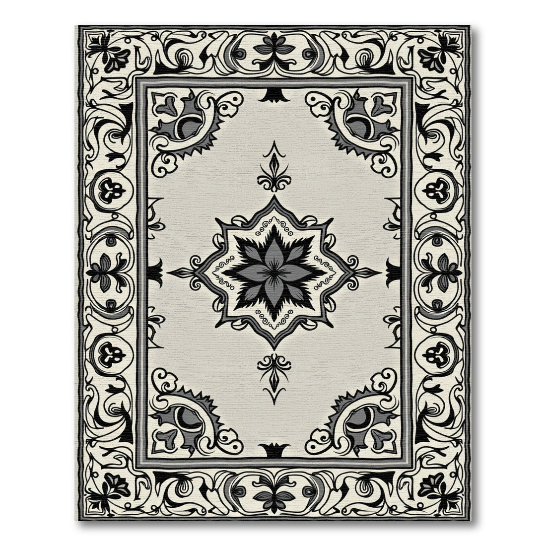 Ornate Black and Gray Floral Medallion Rug