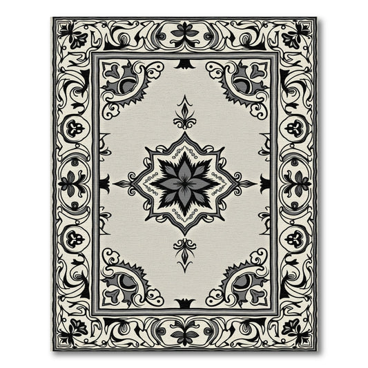 Ornate Black and Gray Floral Medallion Rug