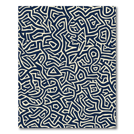 Dark Blue White Abstract Maze Pattern Rug