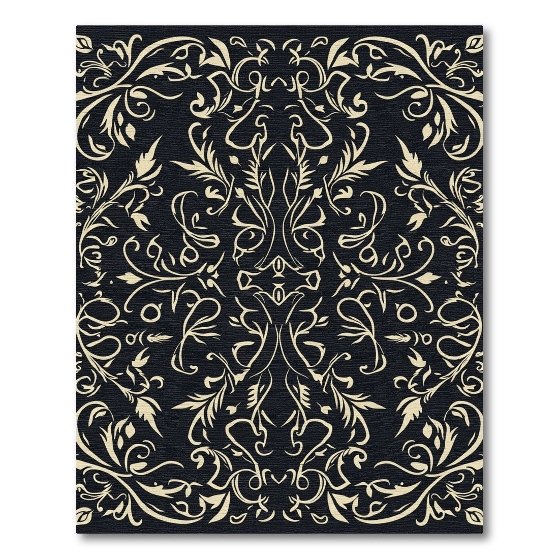 Cream Scrollwork Damask on Black Background Rug