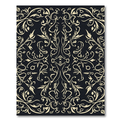 Cream Scrollwork Damask on Black Background Rug