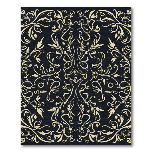 Cream Scrollwork Damask on Black Background Rug
