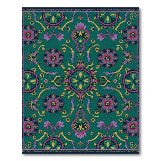 Vibrant Teal Floral Mandala Medallion Rug