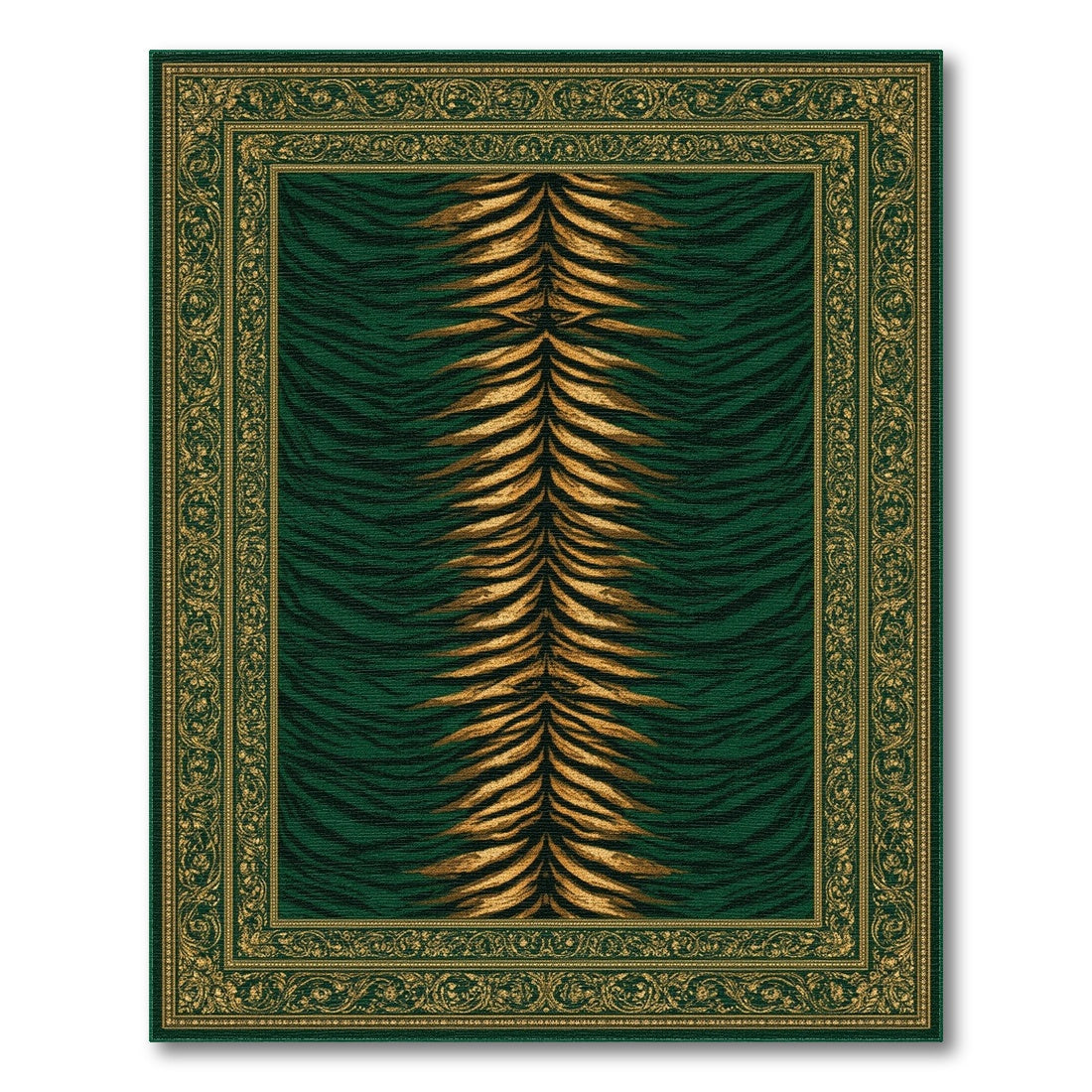 Traditional Persian Green Tiger Stripe Area Rug with Gold Border