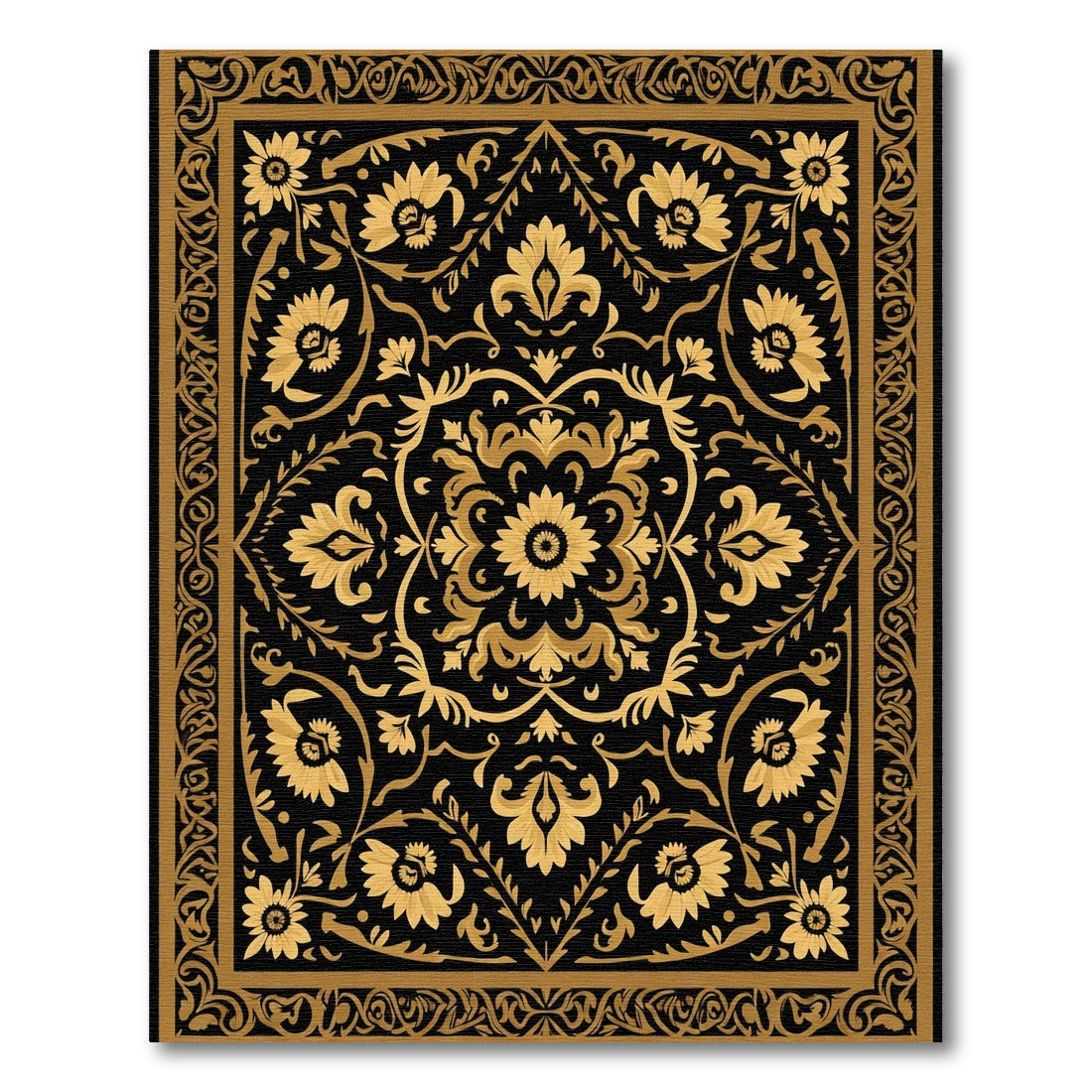 Black Gold Floral Garden Medallion Rug
