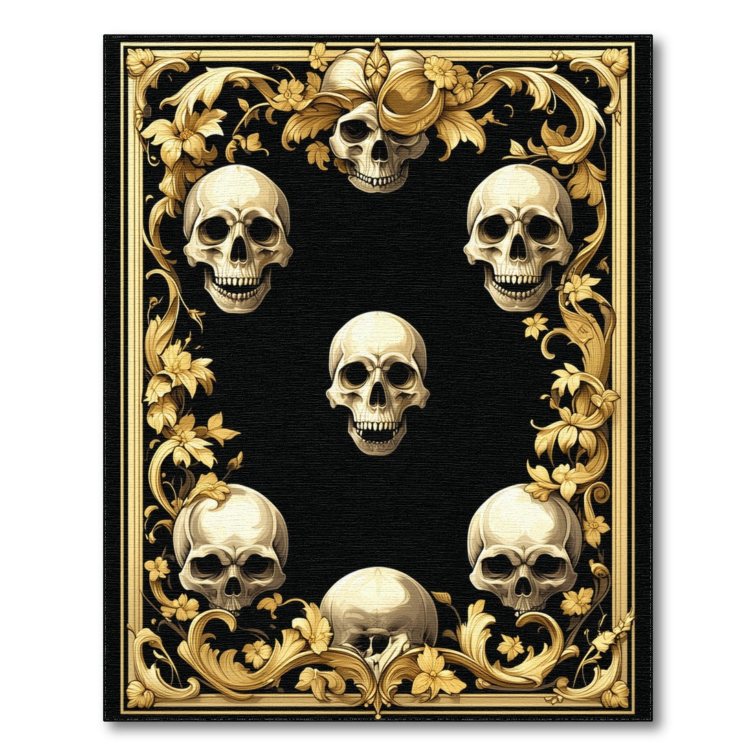Ornate Gold Skull Floral Area Rug
