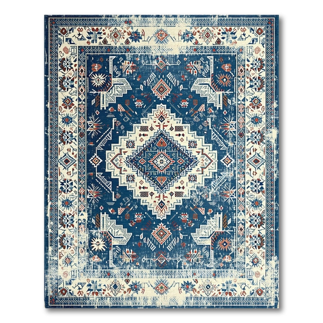 Blue and Teal Blue Distressed Tribal Area Rug