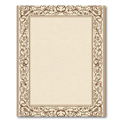 Neutral Brown Floral Scroll Border Rug