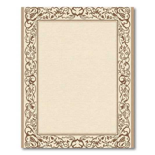 Neutral Brown Floral Scroll Border Rug