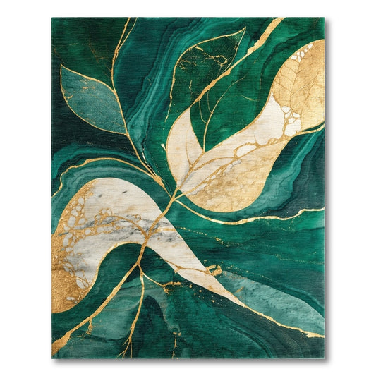 Green Gold Leaf Marble Abstract Area Rug
