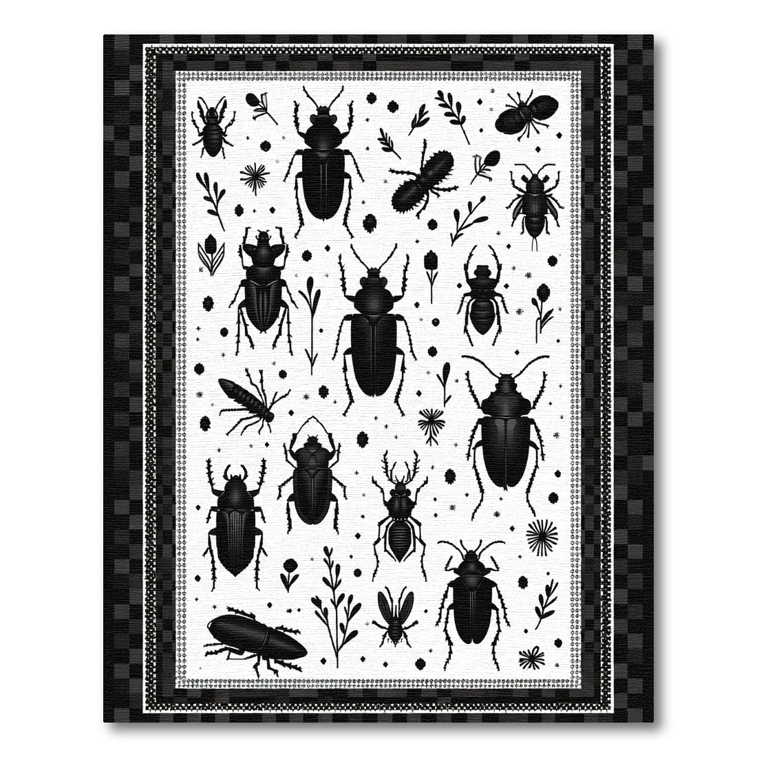 Black Insect Collage With Botanical Accents Rug