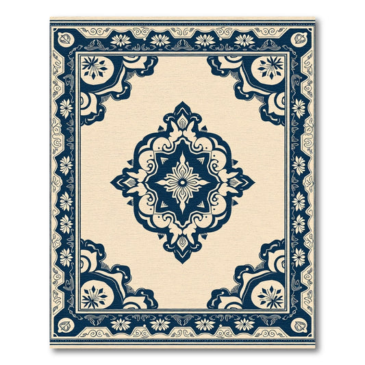 Navy Blue Cream Mandala Medallion Rug