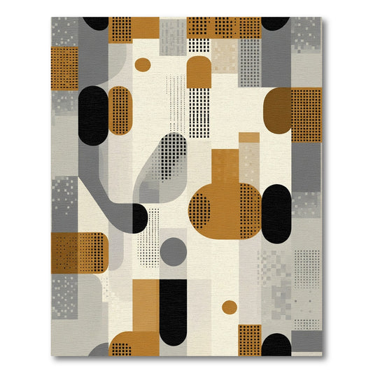 Abstract Ochre Black Geometric Grid Rug