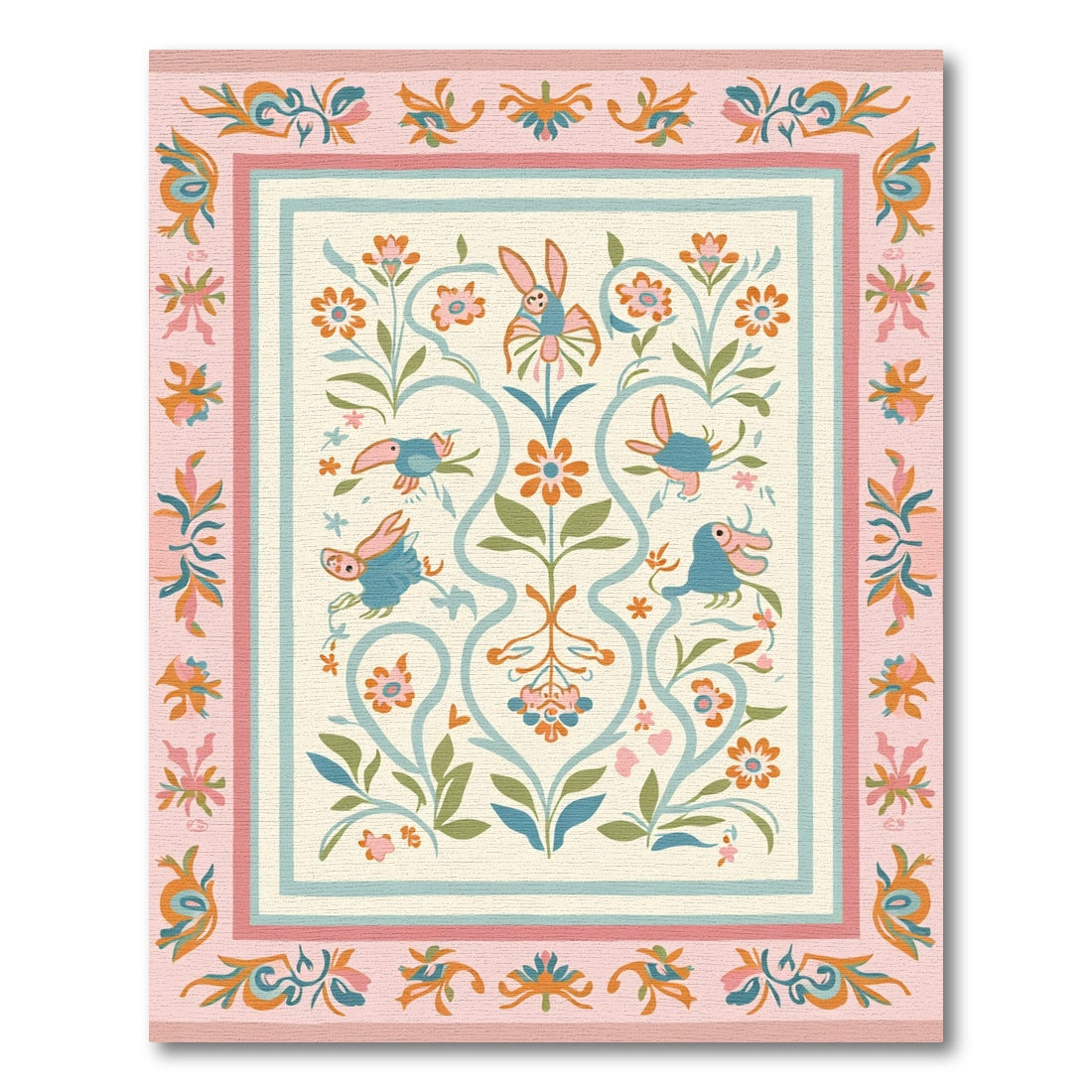 Whimsical Pink Blue Bird Floral Medallion Rug