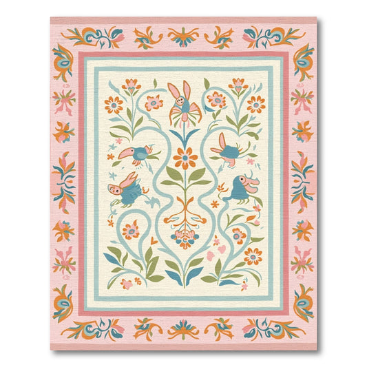 Whimsical Pink Blue Bird Floral Medallion Rug