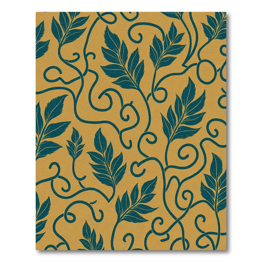Golden Teal Leaf Scroll Rug