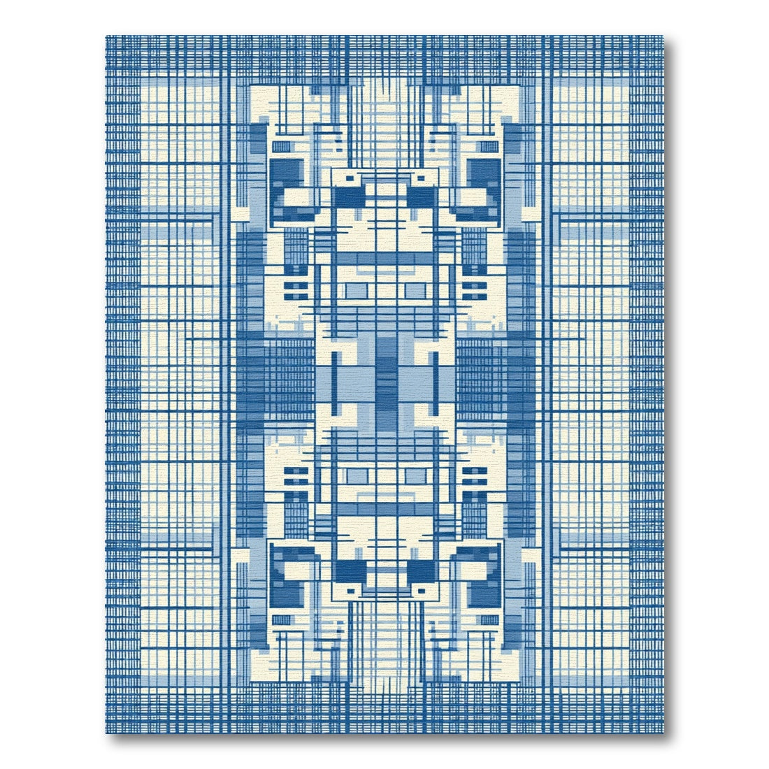 Blue Tonal Geometric Grid Architecture Rug