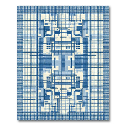 Blue Tonal Geometric Grid Architecture Rug