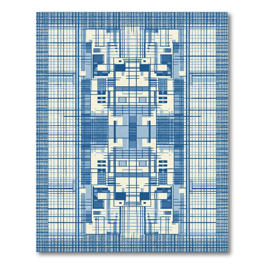 Blue Tonal Geometric Grid Architecture Rug