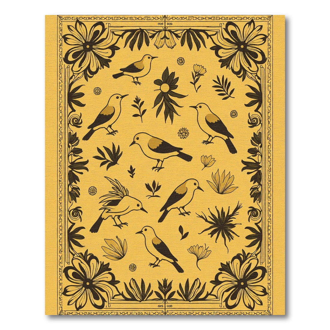 Golden Yellow Bird Floral Whimsical Art Rug
