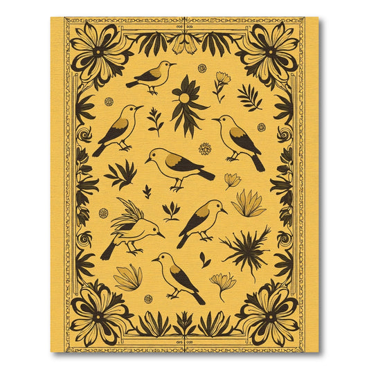 Golden Yellow Bird Floral Whimsical Art Rug