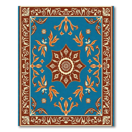 Bright Teal Orange Medallion Floral Border Rug