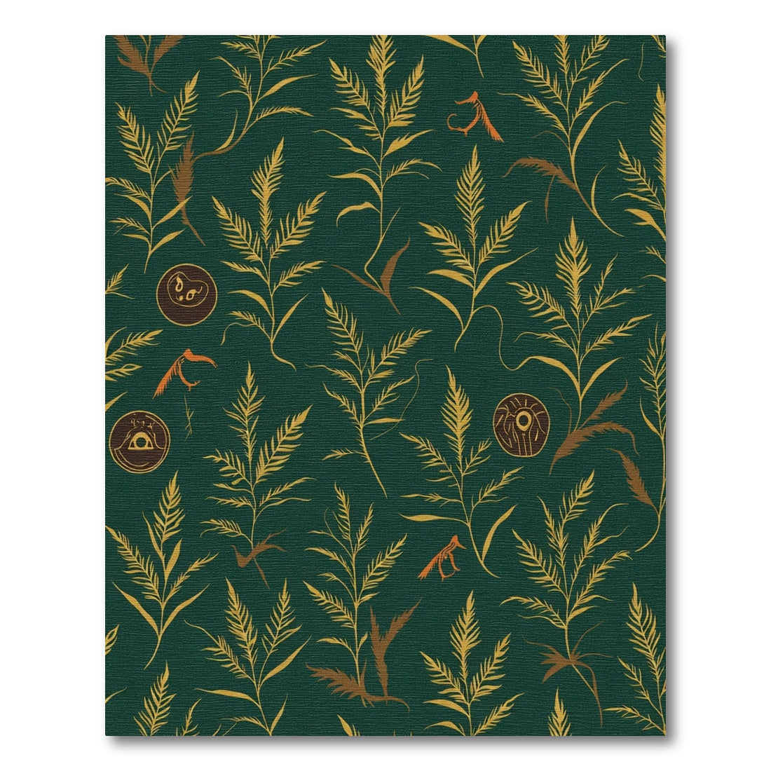 Dark Green Gold Fern Ornate Circular Motif Rug
