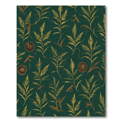 Dark Green Gold Fern Ornate Circular Motif Rug
