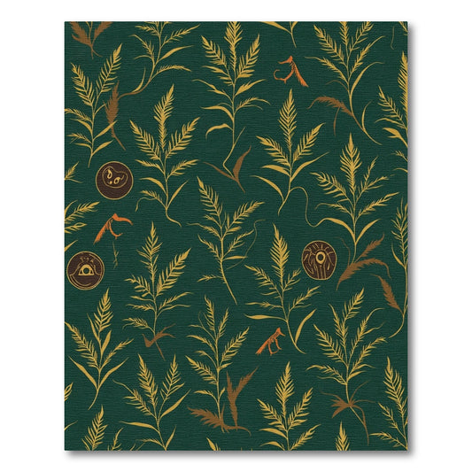 Dark Green Gold Fern Ornate Circular Motif Rug