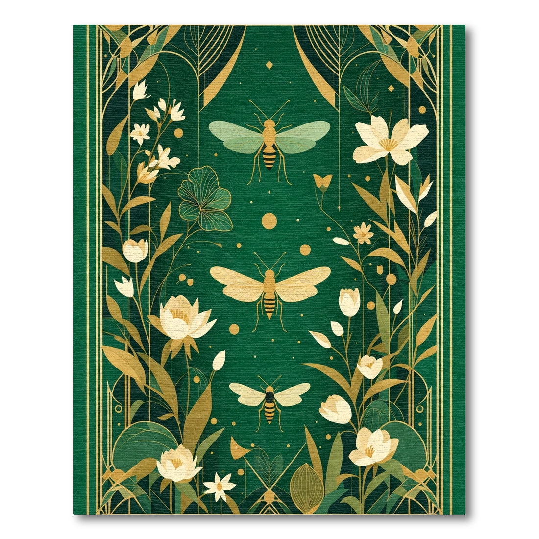 Emerald Green Gold Botanical Bee Rug