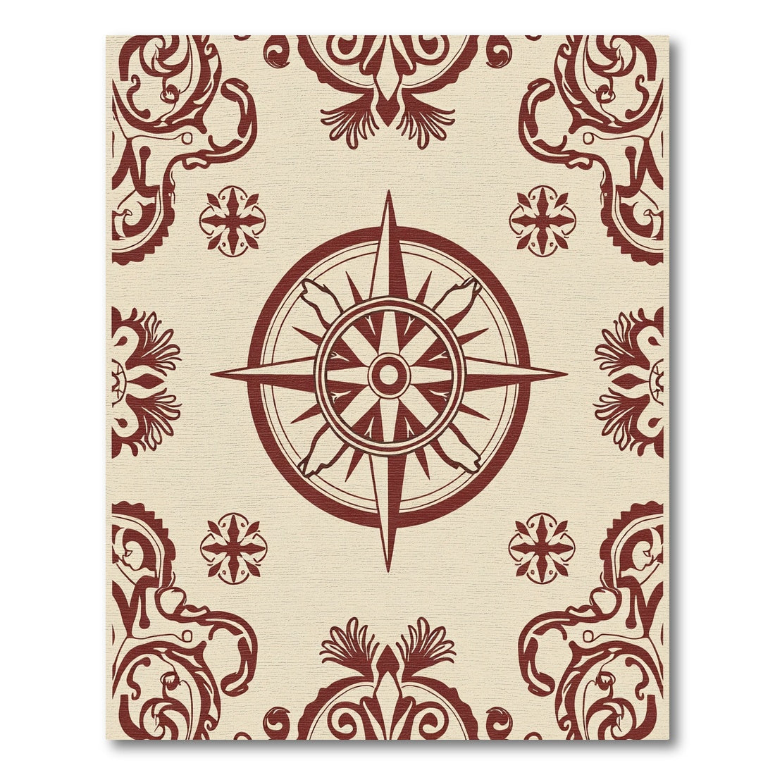 Maroon Compass Rose Floral Accents Rug