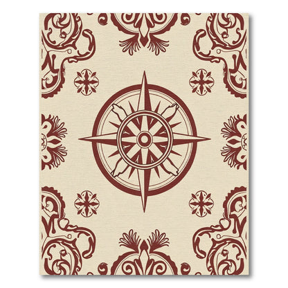 Maroon Compass Rose Floral Accents Rug