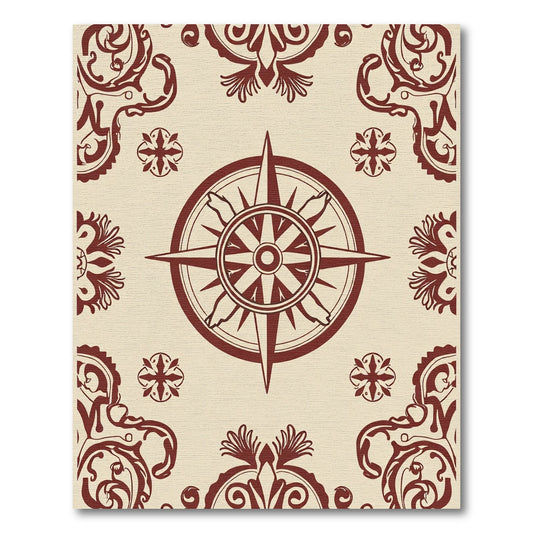 Maroon Compass Rose Floral Accents Rug