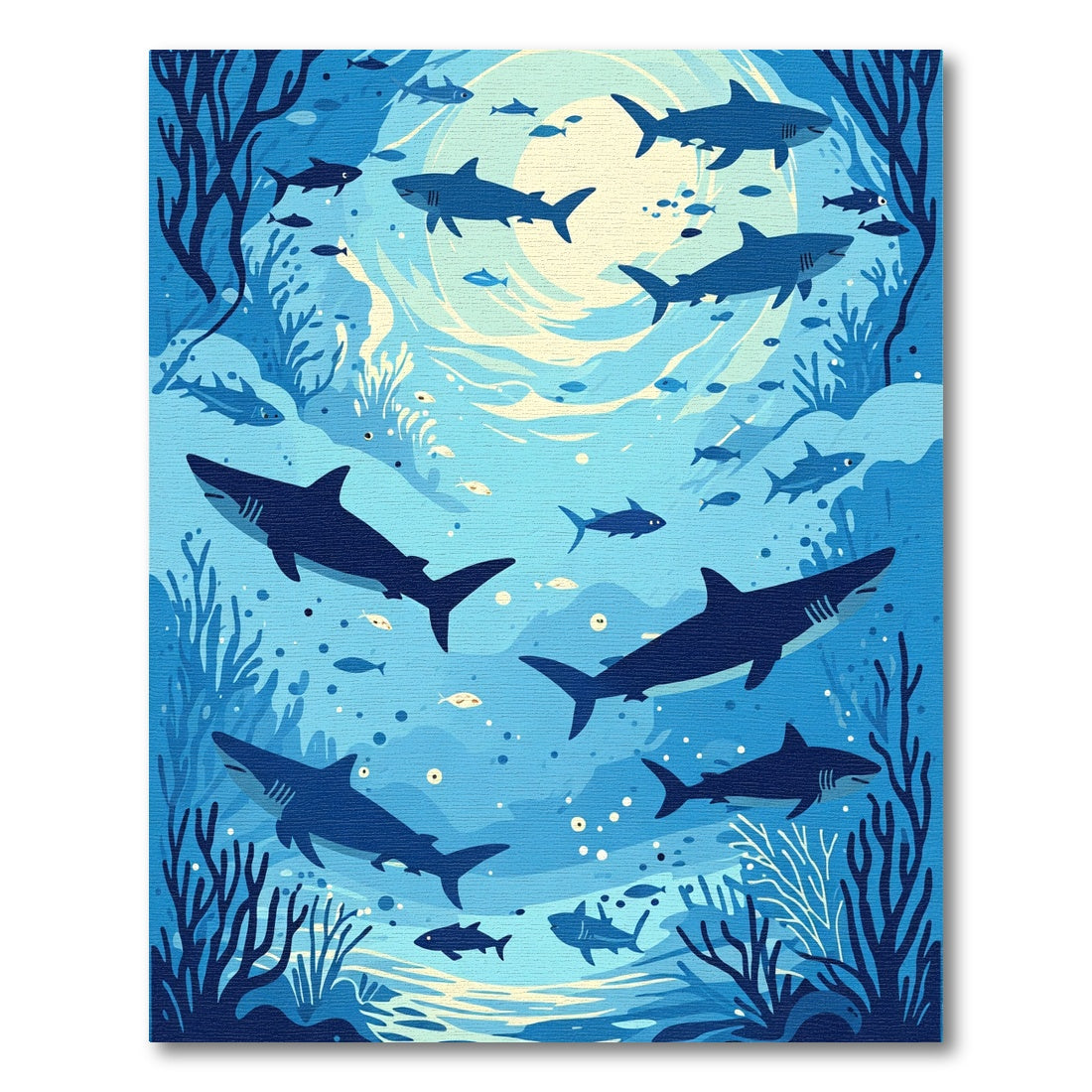 Deep Blue Shark School Ocean Scene Rug