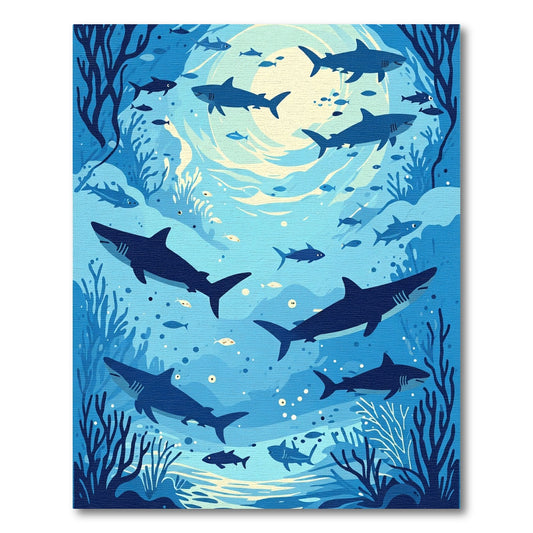 Deep Blue Shark School Ocean Scene Rug