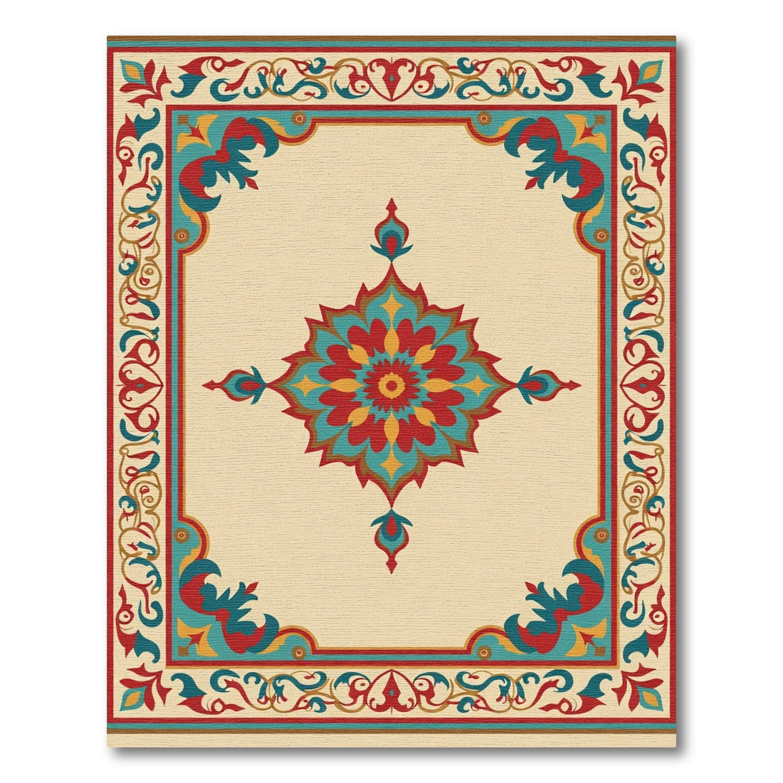 Vibrant Red Teal Floral Medallion Border Rug