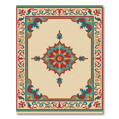 Vibrant Red Teal Floral Medallion Border Rug